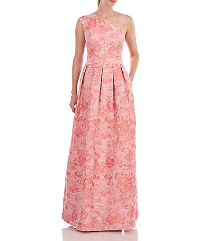 Kay Unger Metallic Floral Jacquard One Shoulder Sleeveless Pleated Ball Gown