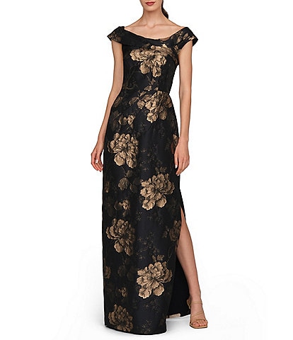 Kay Unger Metallic Floral Jacquard Sheath Long Dress