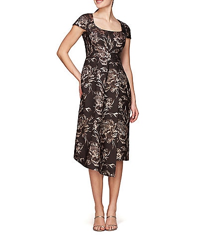 Kay Unger Metallic Rose Jacquard Scoop Neck Short Sleeve Asymmetrical Side Slit Fit & Flare Dress