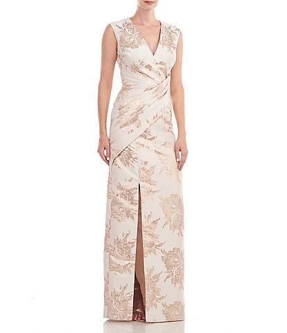 Kay Unger Metallic Rose Jacquard V Neckline Sleeveless Gown with Front Slit