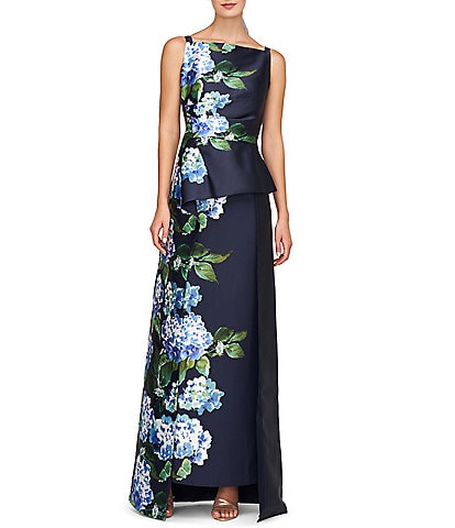 Kay Unger Mikado Floral Print Boat Neck Sleeveless Pleated Drape Overskirt Walk Through Gown