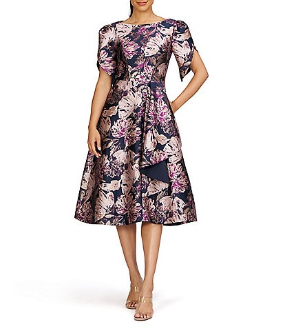 Kay Unger Natasha Floral Jacquard Boat Neck Short Tulip Sleeve Ruffle Midi Dress