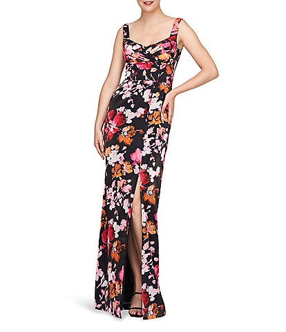 Kay Unger Nicole Floral Print Organza Square V-Neck Sleeveless Side Slit Gown