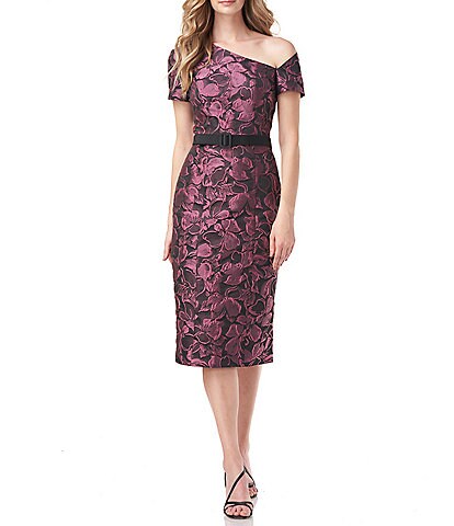 Kay Unger Open Shoulder Short Sleeve Asymmetrical Neck Floral Brocade Belted Midi Dress