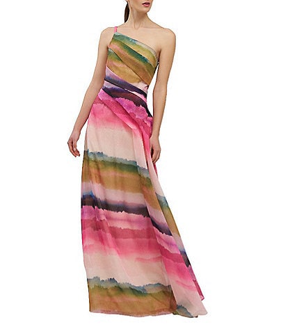 Kay Unger Organza Ombre Stripe One-Shoulder Pleated Ball Gown