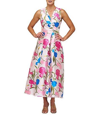 Kay Unger Payton Iris Jacquard Surplice V-Neck Sleeveless Pleated Floral Midi A-Line Gown