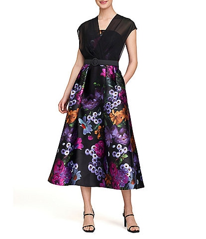 Kay Unger Peony Bouquet Mikado V-Neck Cap Sleeve Belted A-Line Dress