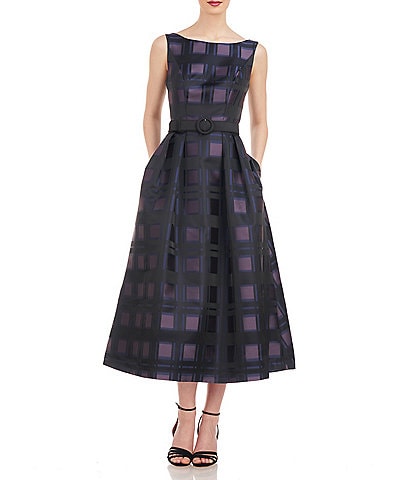 Kay Unger Plaid Jacquard Boat Neckline Sleeveless Pleated Fit and Flare Midi Dress