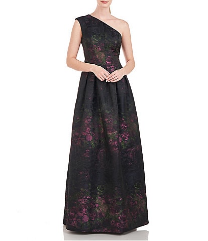 Kay Unger Floral Printed Jacquard One Shoulder Sleeveless Pocketed A-Line Gown