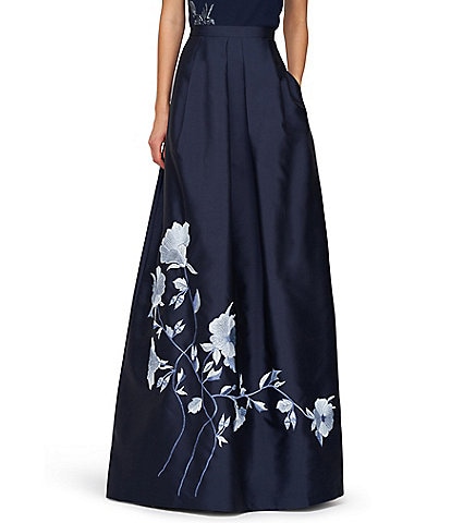 Kay Unger Rosa Mikado Floral Print High Rise Pleated Gown Skirt