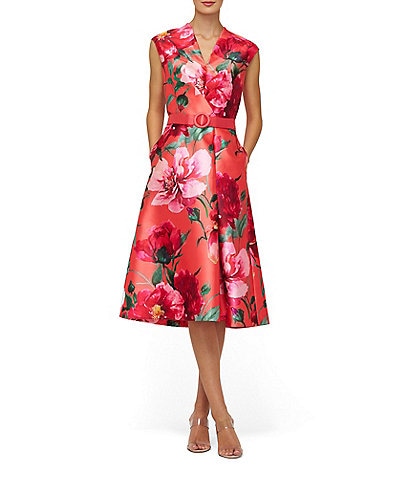 Kay Unger Rosemund V-Neck Cap Sleeve Belted Floral Print Mikado Midi Dress