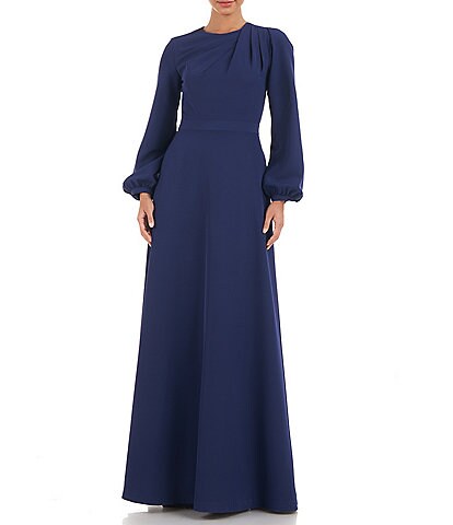 Kay Unger Ruched Jewel Neck Long Blouson Sleeve Stretch Crepe Gown