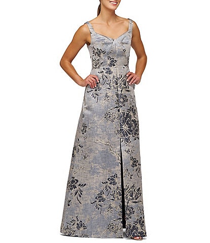 Kay Unger Scoop Neck Sleeveless Floral Jacquard Aline Gown