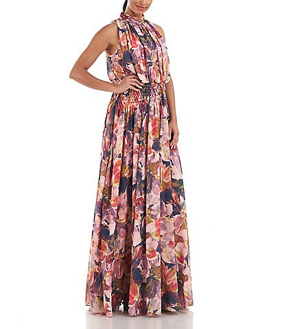 Kay Unger Sleeveless Floral Print Mock Neck Smocked Waist Pleated Gown