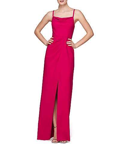 Kay Unger Stretch Crepe Cowl Neck Sleeveless V-Back Front Slit Gown