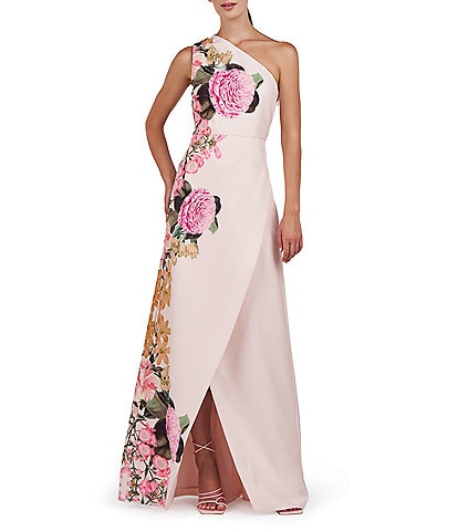 Kay Unger Stretch Crepe Floral Border Print One Shoulder Sleeveless Gown