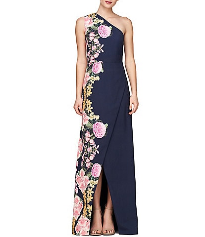 Kay Unger Stretch Crepe Floral Border Print One Shoulder Sleeveless Gown