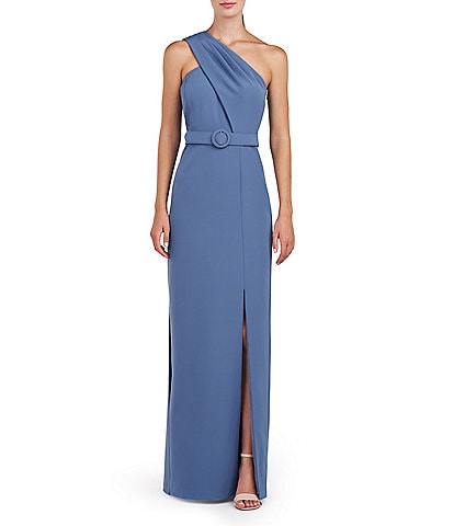 Kay Unger Stretch Crepe One Shoulder Pleated Back Belted Gown