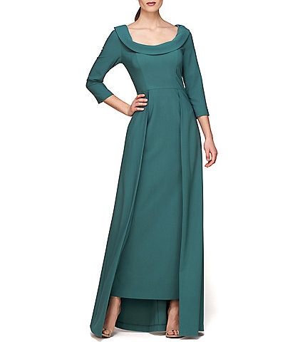 Kay Unger Stretch Crepe Scoop Fold Over Neck 3/4 Sleeve Walkthrough Gown