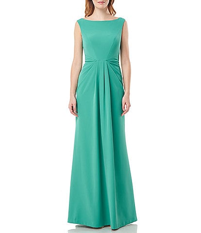 Kay Unger Stretch Crepe Sleeveless Boat Neck Ruched Front Gown