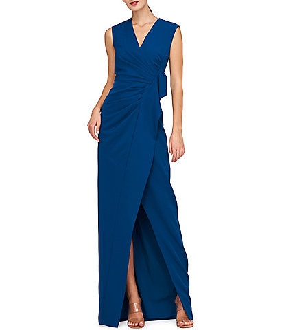 Kay Unger Stretch Crepe V-Neck Sleeveless Pleated Ruffle Column Gown