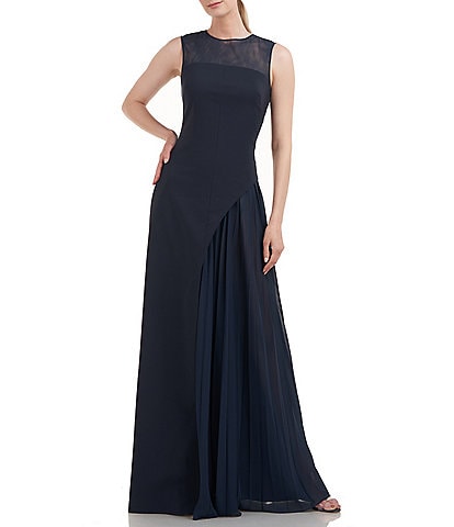 Kay Unger Stretch Illusion Sleeveless Pleated Underlay Asymmetrical Gown