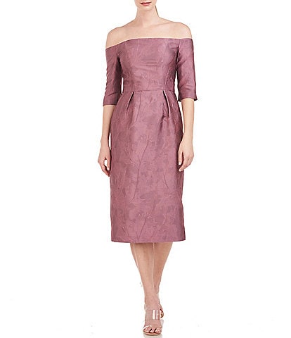 Kay Unger Stretch Jacquard Off-the-Shoulder 3/4 Sleeve Pleated Waist Dress