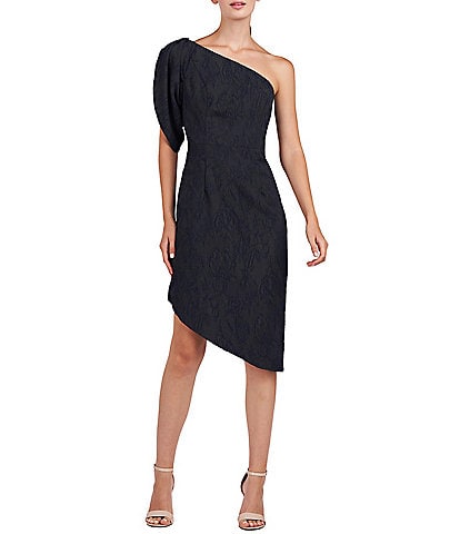 Kay Unger Stretch Jacquard One Shoulder Asymmetrical Hem & Sleeve Dress