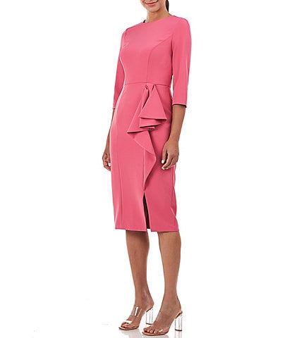 Kay Unger Stretch Jewel Neck 3/4 Sleeve Front Ruffle Midi Dress