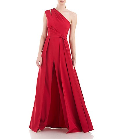 Kay Unger Stretch One Shoulder Draped Bodice Pleated Walk Thru Jumpsuit