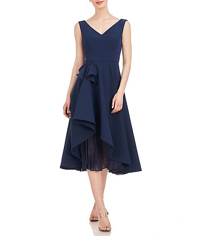 Kay Unger Stretch Portrait Collar Neck Sleeveless Pleated Chiffon Underlay Fit and Flare Midi Dress