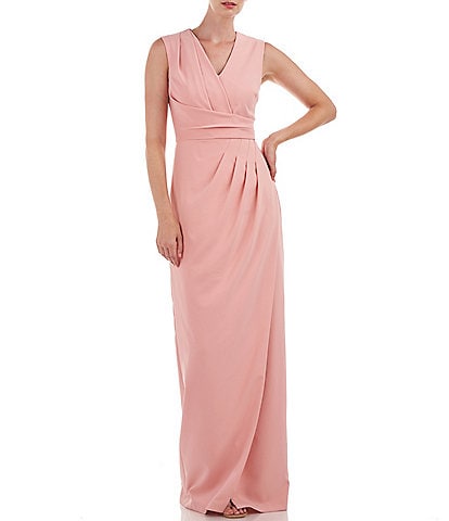 Kay Unger Stretch V-Neck Sleeveless Pleated Bodice Gown