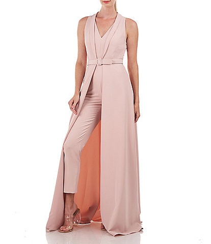 Kay Unger Stretch V-Neck Shawl Collar Walk Thru Jumpsuit Gown