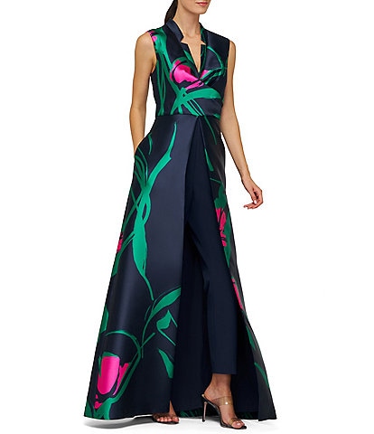 Kay Unger Sutton Large Abstract Floral Mikado V-Notch Collared Sleeveless Jumpsuit