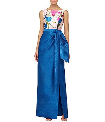 Kay Unger Tabitha Iris Jacquard Floral Bateau Neck Bow Sash Waist Column Gown