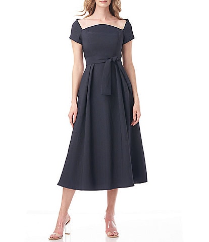 Kay Unger Tie Waist Cap Sleeve Pocketed Square Neck Pleated Midi Dress