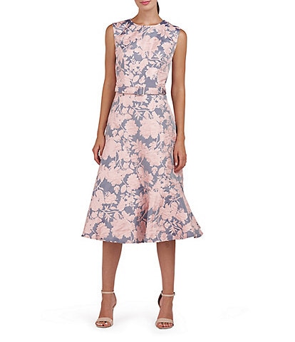 Kay Unger Verity Floral Jacquard Jewel Neck Sleeveless Belted Midi Dress