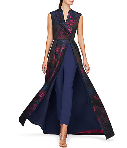 Kay Unger Wilhelmina Floral Jacquard Split V-Neck Sleeveless Straight Leg Pleated Walk Through Gown