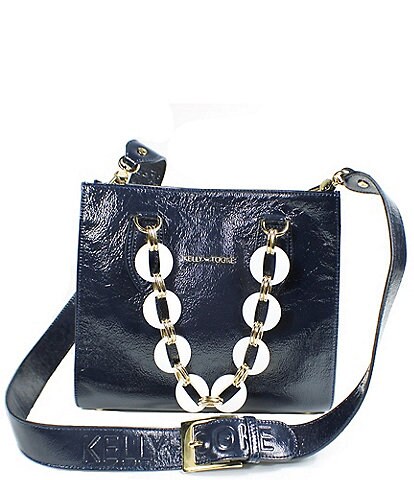 Kelly-Tooke Gayle Chain Patent Navy Bison Pebble Grain Leather Satchel Bag