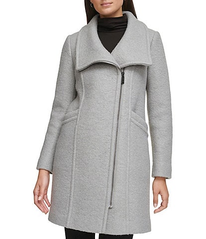 Kenneth Cole New York Boucle Wood Stand Collar Asymmetrical Front Zip Single Breasted Coat