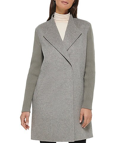 Kenneth Cole New York Collared Long Knit Sleeve Snap Front Wool Coat