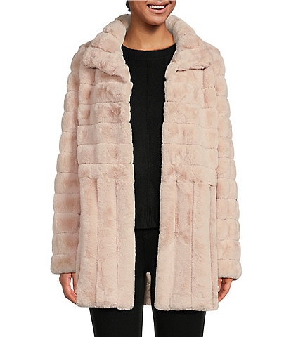 Kenneth Cole New York Faux Fur Grooved Stand Collar Single Breasted Coat