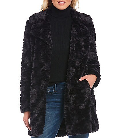 Kenneth Cole New York Grooved Faux Fur Notch Lapel Long Sleeve Cozy Coat