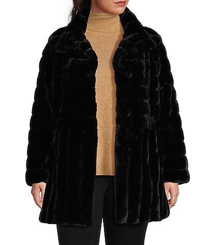 Kenneth Cole New York Plus Size Faux Fur Grooved Stand Collar Single Breasted Coat