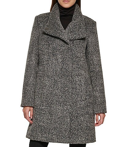 Kenneth Cole New York Short Haired Asymmetrical Wool Blend Hidden Button Front Boucle Coat