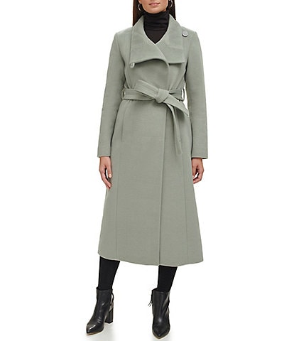 Kenneth Cole New York Stand Collar Belted Wrap Wool Blend Maxi Coat