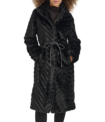 Kenneth Cole New York Textured Faux Fur Stand Collar Belted Coat