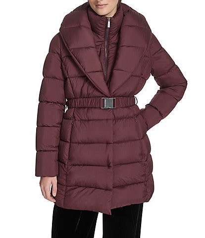 Kenneth Cole New York Water Resistant Stand Collar Belted Exposed Zip Front Puffer Coat