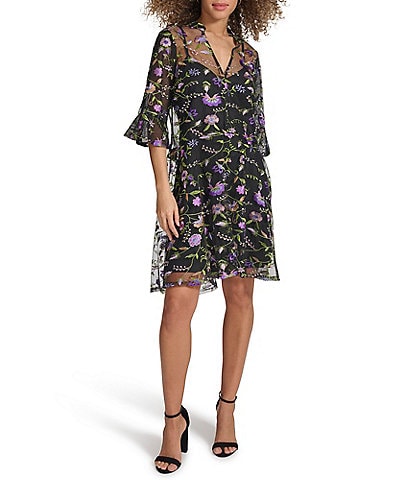 Kensie Bell Sleeve Embroidered Shift Dress