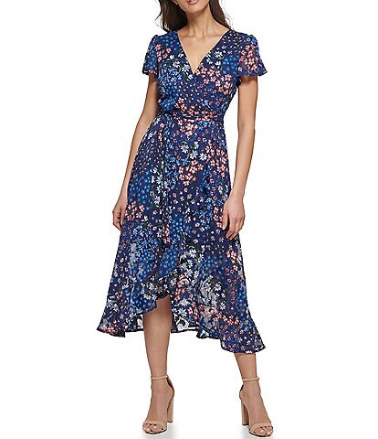 Kensie Chiffon Floral Print Surplice V-Neck Short Flounce Sleeve Tie Waist High-Low Midi Dress